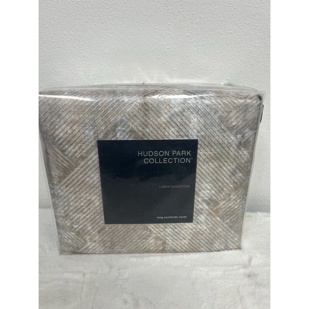 Hudson Park Linear Sandstone King Duvet Cover + 1 King Sham Gold New
